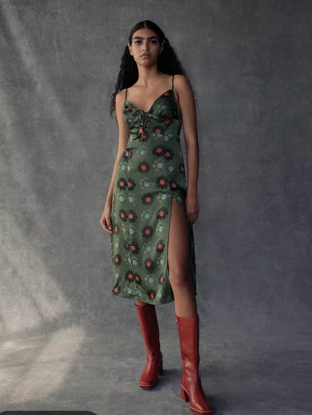 Urban Outfitters Green Floral Slip Dress with Red Accent